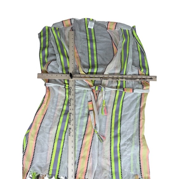 Beca Beach Cover Up Womens XS Neon Stripe Belted Lightweight Fringe Tassel Boho - Picture 2 of 10